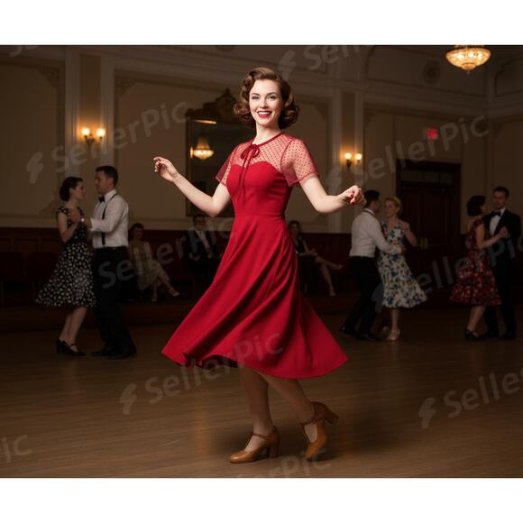 Red Party Dress Size Juniors Medium Dotted Swiss Yoke Fit & Flare Zip Back - Picture 1 of 12